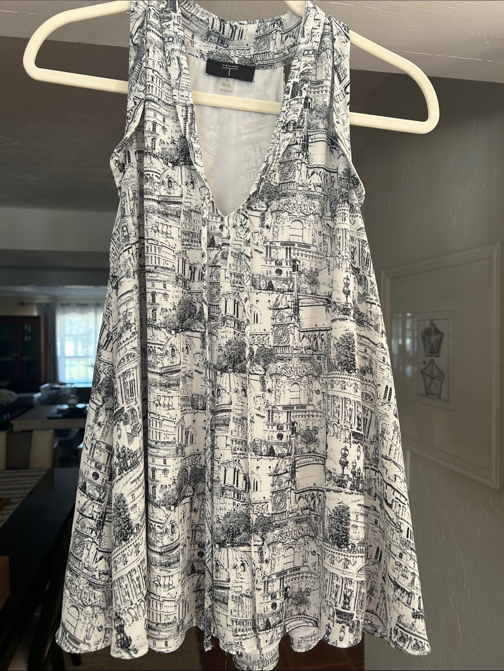 Tahari Black & White Printed V‑Neck Swing Dress